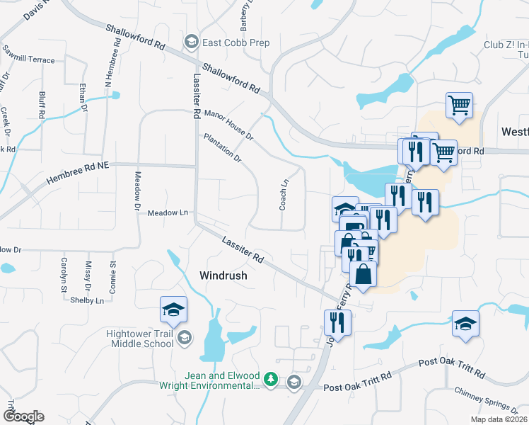 map of restaurants, bars, coffee shops, grocery stores, and more near 4057 Plantation Drive in Marietta