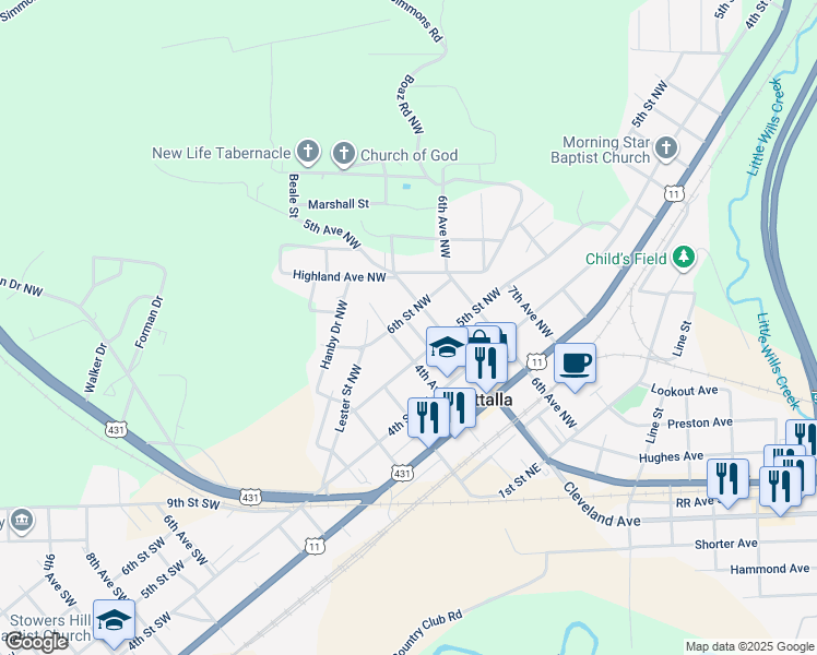 map of restaurants, bars, coffee shops, grocery stores, and more near 526 5th Avenue Northwest in Attalla