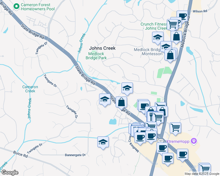 map of restaurants, bars, coffee shops, grocery stores, and more near 604 Goldsmith Court in Johns Creek