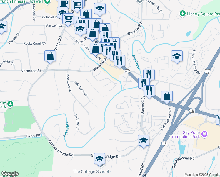 map of restaurants, bars, coffee shops, grocery stores, and more near 6165 Pattingham Drive in Roswell