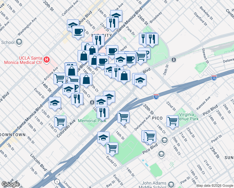 map of restaurants, bars, coffee shops, grocery stores, and more near 1636 19th Street in Santa Monica