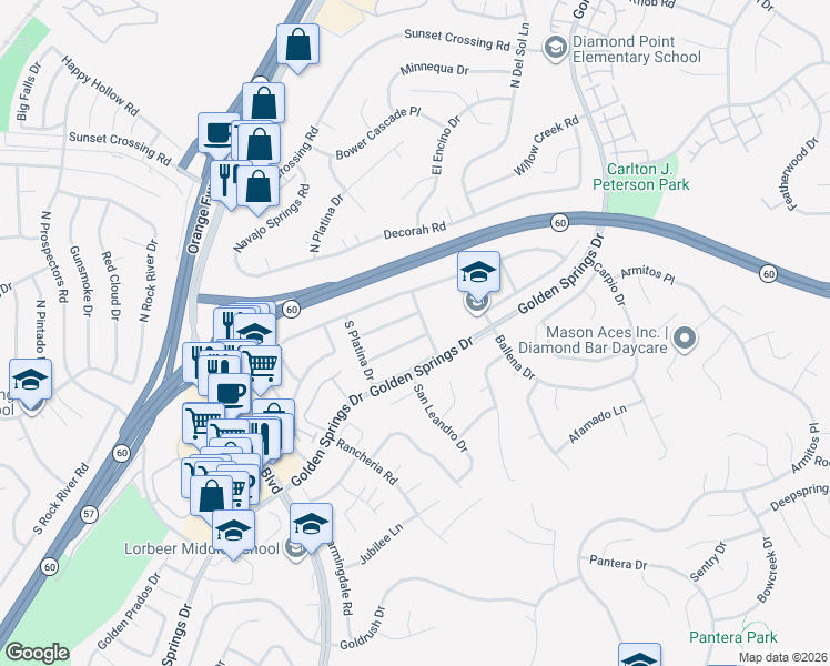 map of restaurants, bars, coffee shops, grocery stores, and more near 23813 Prospect Valley Drive in Pomona