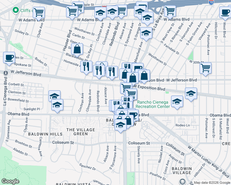 map of restaurants, bars, coffee shops, grocery stores, and more near 3444 South Sycamore Avenue in Los Angeles