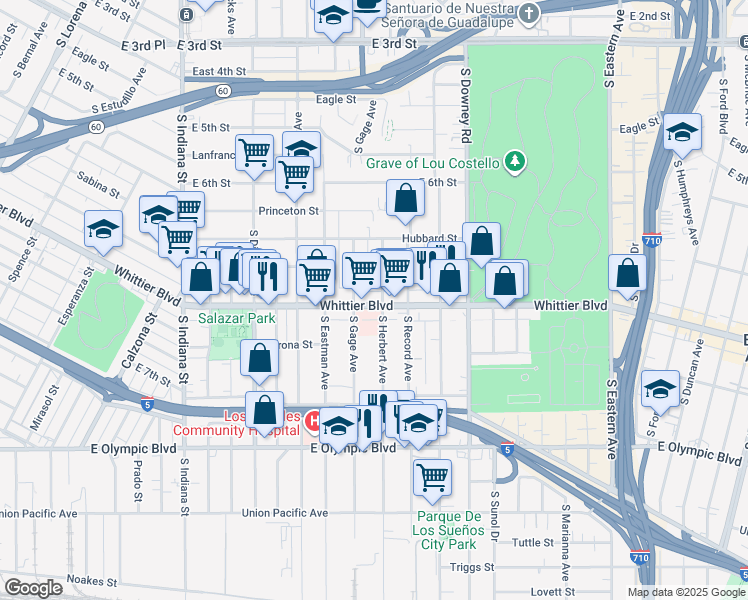 map of restaurants, bars, coffee shops, grocery stores, and more near in East Los Angeles