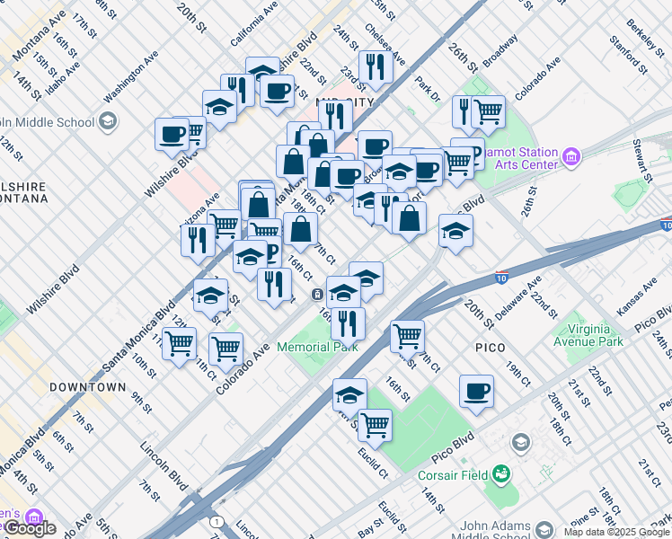 map of restaurants, bars, coffee shops, grocery stores, and more near 1560 18th Street in Santa Monica