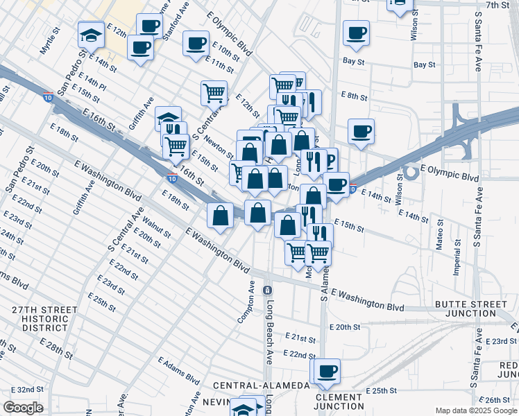 map of restaurants, bars, coffee shops, grocery stores, and more near 1520 East 15th Street in Los Angeles