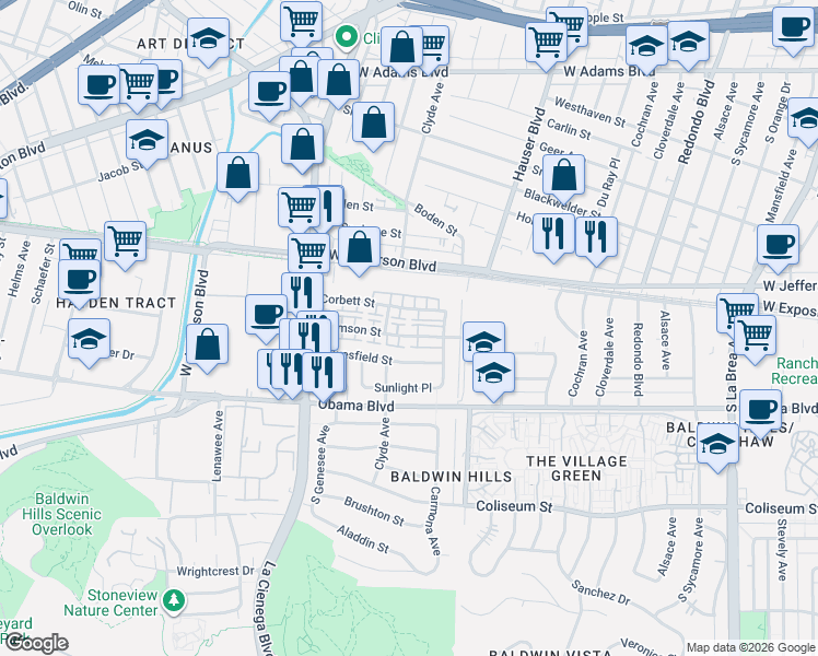 map of restaurants, bars, coffee shops, grocery stores, and more near 5630 Corbett Street in Los Angeles