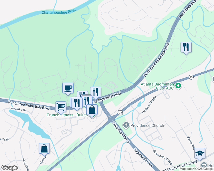 map of restaurants, bars, coffee shops, grocery stores, and more near 3969 Glenview Club Lane in Duluth