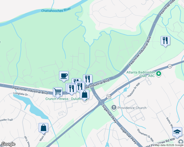 map of restaurants, bars, coffee shops, grocery stores, and more near 3969 Glenview Club Lane in Duluth