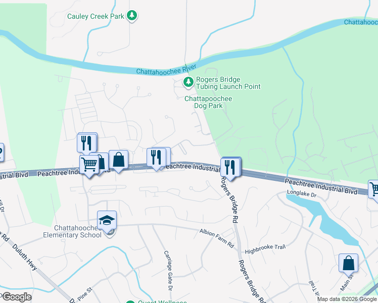 map of restaurants, bars, coffee shops, grocery stores, and more near 4163 Divot Way in Duluth