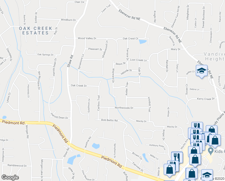 map of restaurants, bars, coffee shops, grocery stores, and more near 1635 Trails Way in Marietta