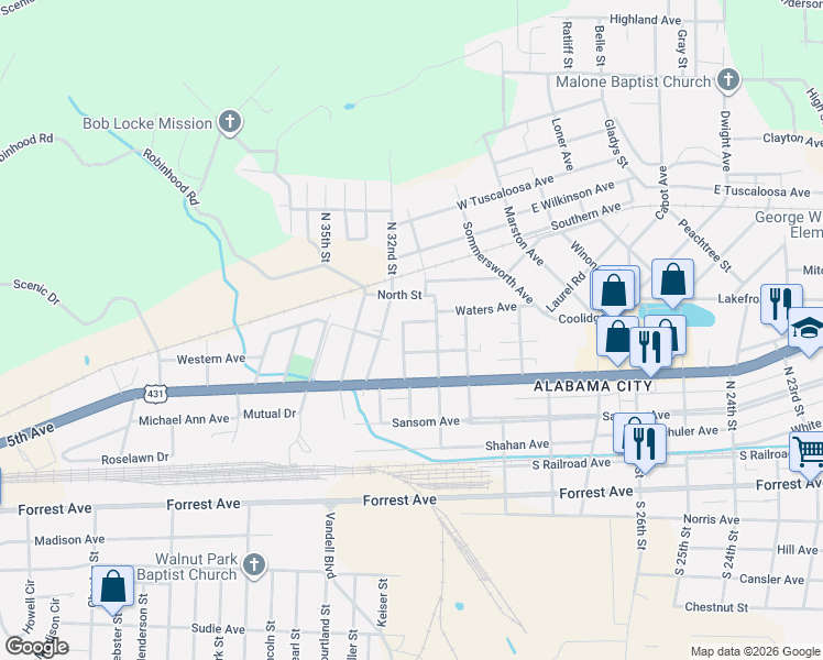 map of restaurants, bars, coffee shops, grocery stores, and more near 3005 Waters Avenue in Gadsden