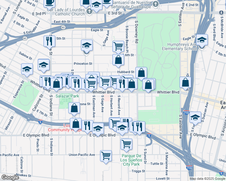 map of restaurants, bars, coffee shops, grocery stores, and more near 4065 Whittier Boulevard in Los Angeles
