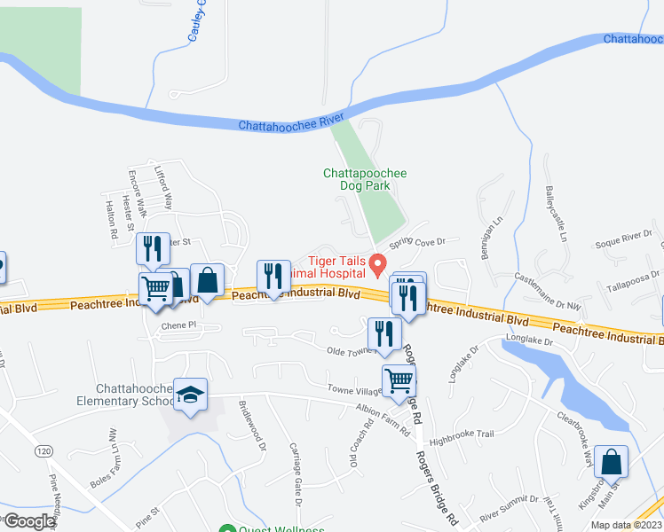 map of restaurants, bars, coffee shops, grocery stores, and more near 4133 Divot Way in Duluth