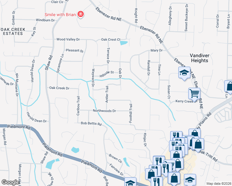 map of restaurants, bars, coffee shops, grocery stores, and more near 3013 Oak Drive in Marietta