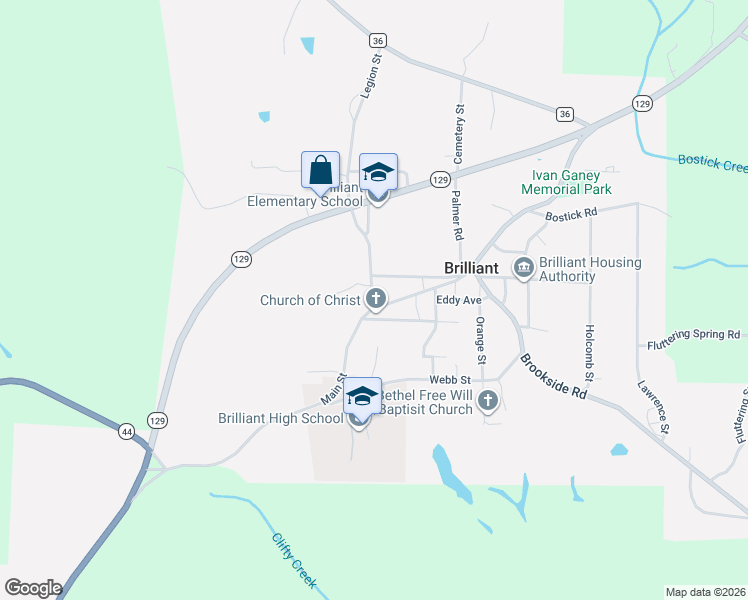 map of restaurants, bars, coffee shops, grocery stores, and more near 115 Flippo Street in Brilliant