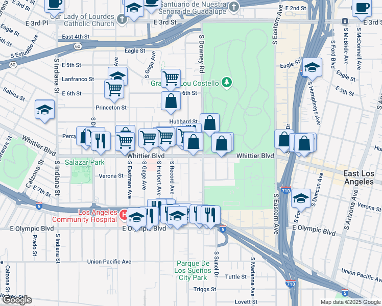 map of restaurants, bars, coffee shops, grocery stores, and more near 4169 Whittier Boulevard in Los Angeles