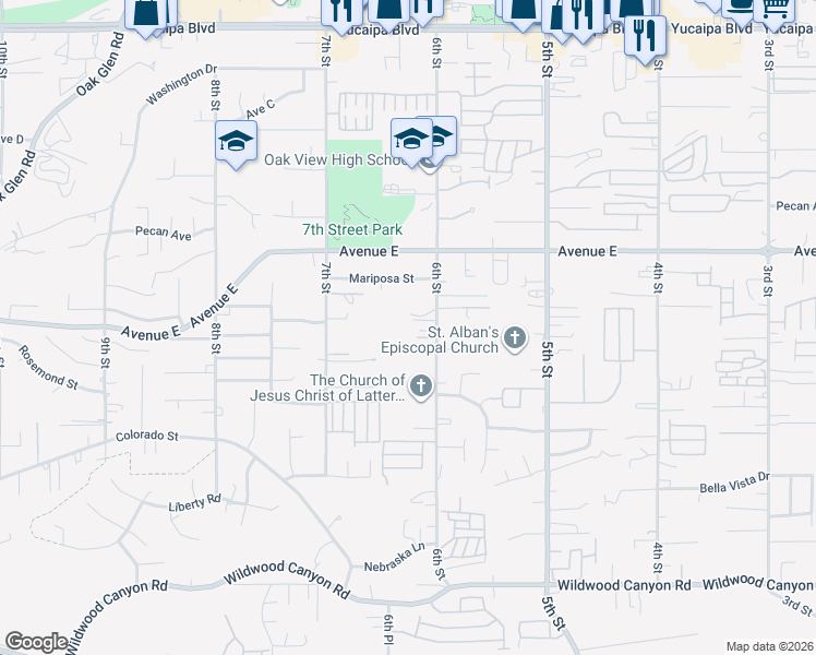 map of restaurants, bars, coffee shops, grocery stores, and more near 12614 6th Street in Yucaipa
