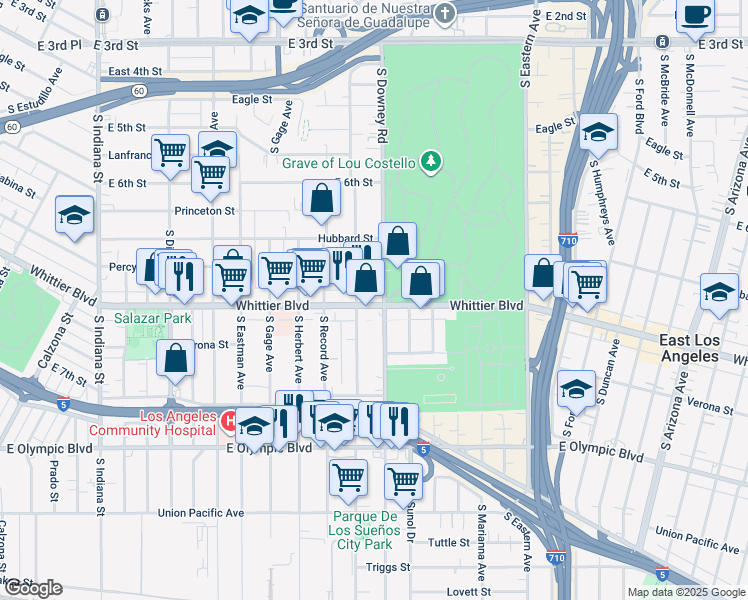 map of restaurants, bars, coffee shops, grocery stores, and more near 4165 Whittier Boulevard in Commerce