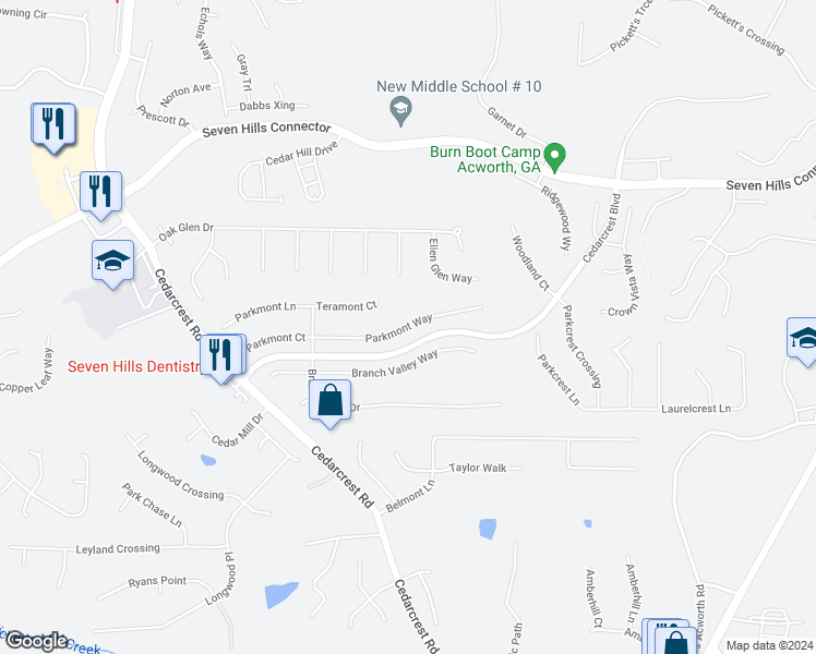 map of restaurants, bars, coffee shops, grocery stores, and more near 218 Parkmont Way in Dallas