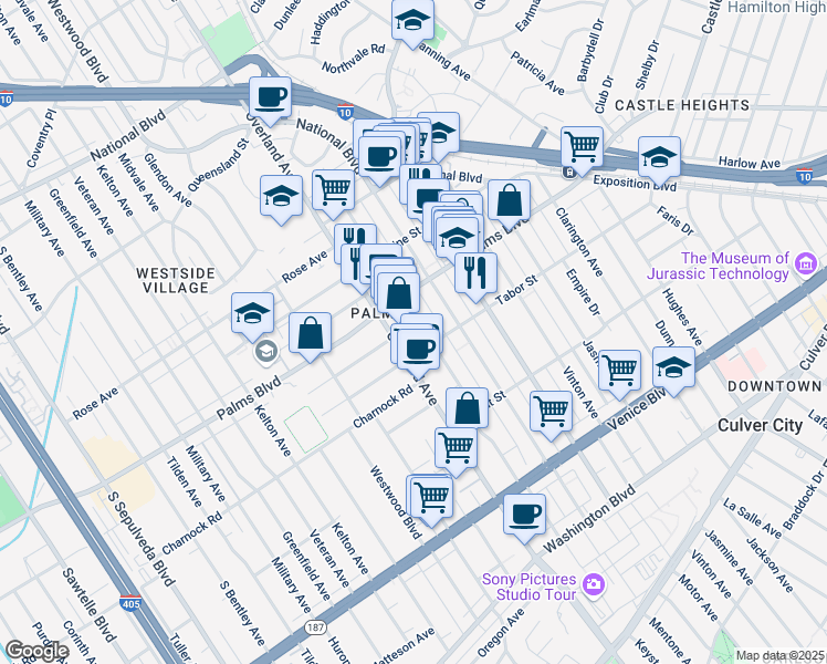 map of restaurants, bars, coffee shops, grocery stores, and more near 3545 Keystone Avenue in Los Angeles