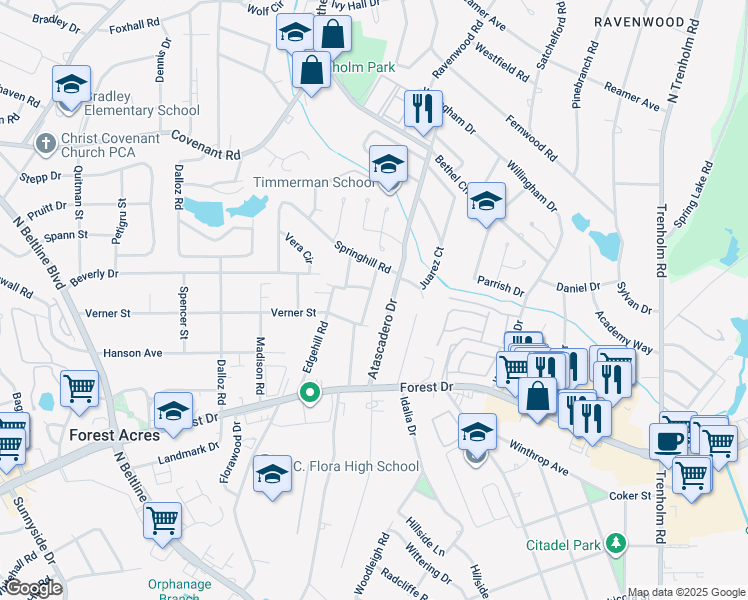 map of restaurants, bars, coffee shops, grocery stores, and more near 1802 Cherry Laurel Drive in Columbia