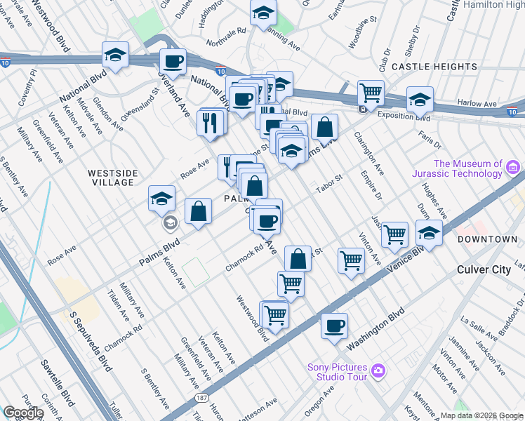 map of restaurants, bars, coffee shops, grocery stores, and more near 3545 Keystone Avenue in Los Angeles