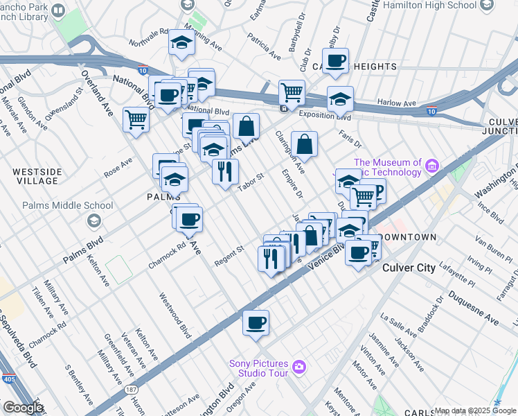 map of restaurants, bars, coffee shops, grocery stores, and more near 3647 Vinton Avenue in Los Angeles