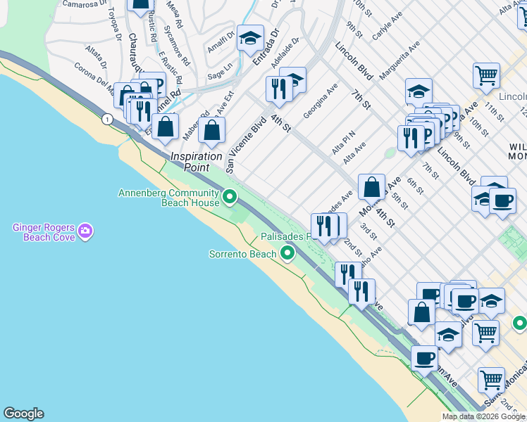 map of restaurants, bars, coffee shops, grocery stores, and more near 201 Ocean Avenue Extension in Santa Monica