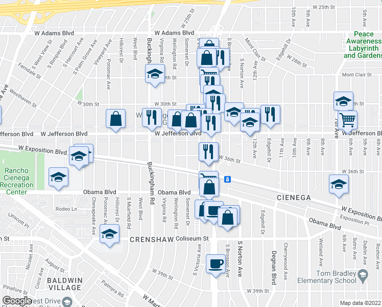 map of restaurants, bars, coffee shops, grocery stores, and more near 3520 Somerset Drive in Los Angeles