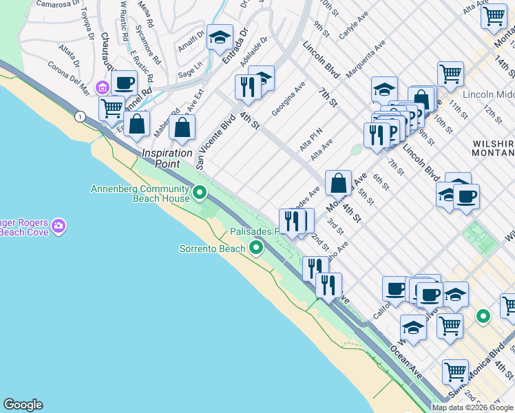 map of restaurants, bars, coffee shops, grocery stores, and more near 535 Ocean Avenue in Santa Monica