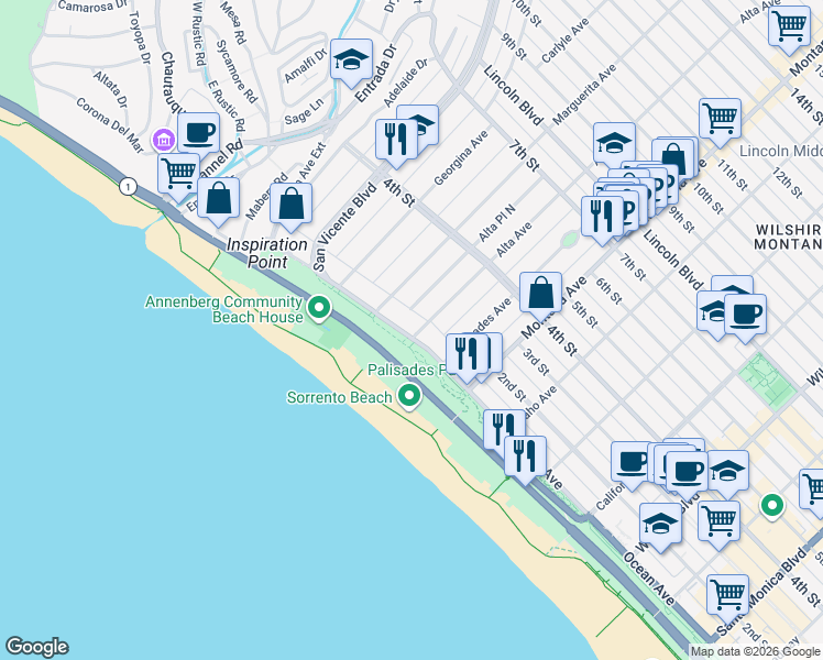 map of restaurants, bars, coffee shops, grocery stores, and more near 130 Alta Avenue in Santa Monica