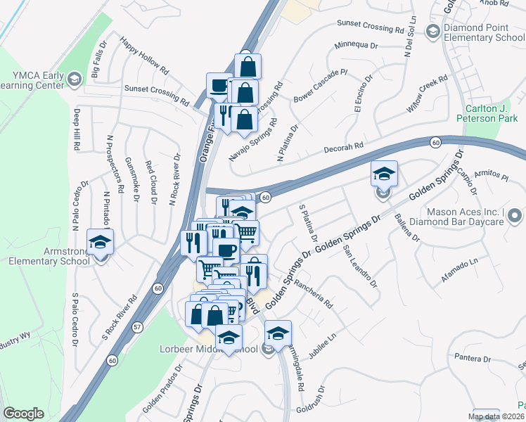 map of restaurants, bars, coffee shops, grocery stores, and more near 23625 Palomino Drive in Diamond Bar