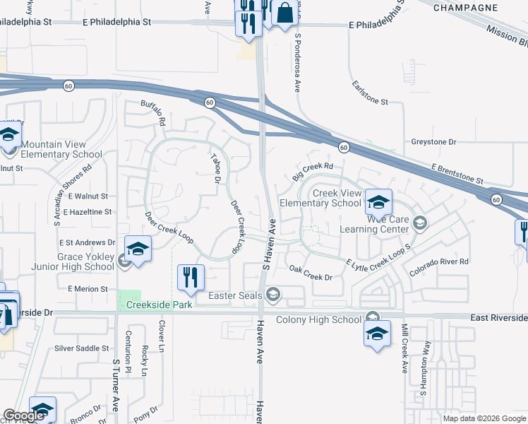 map of restaurants, bars, coffee shops, grocery stores, and more near 2705 Applewood Drive in Ontario