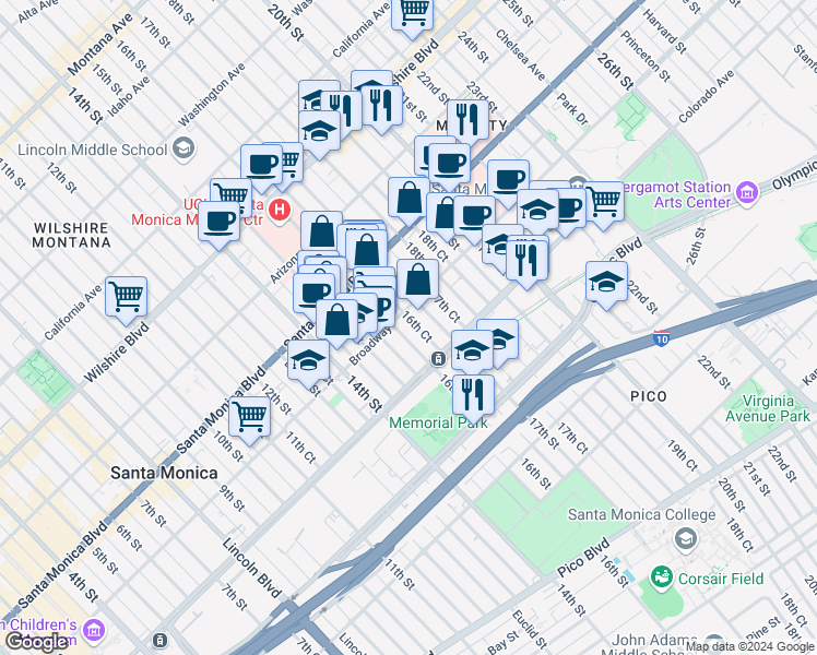 map of restaurants, bars, coffee shops, grocery stores, and more near 227 Broadway in Santa Monica