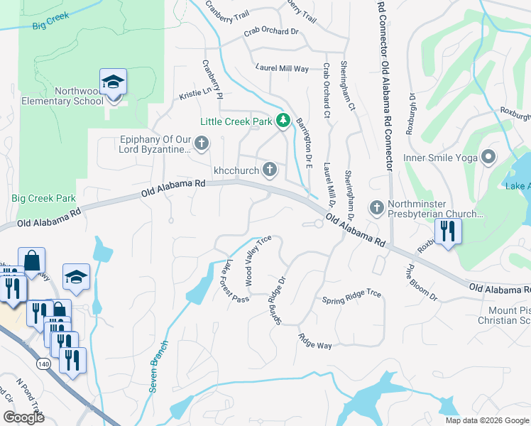 map of restaurants, bars, coffee shops, grocery stores, and more near 10085 Lake Forest Way in Roswell