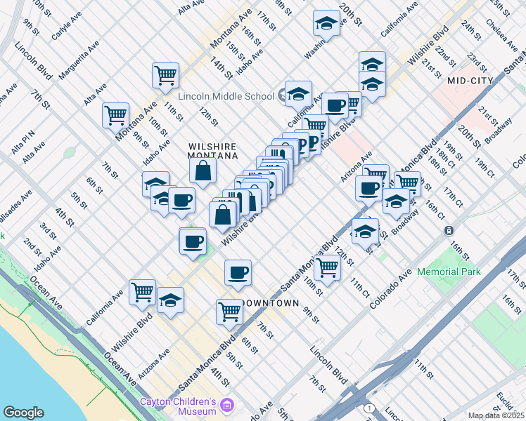 map of restaurants, bars, coffee shops, grocery stores, and more near 1025 Wilshire Boulevard in Santa Monica