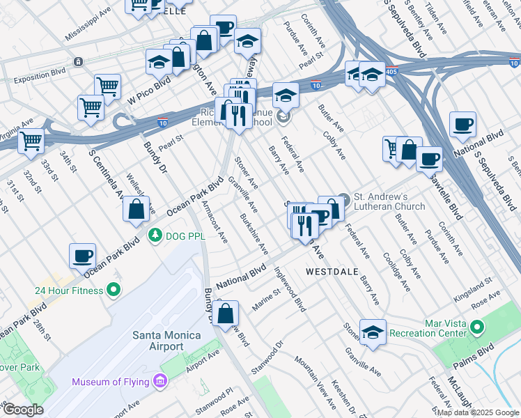 map of restaurants, bars, coffee shops, grocery stores, and more near 2731 Stoner Avenue in Los Angeles