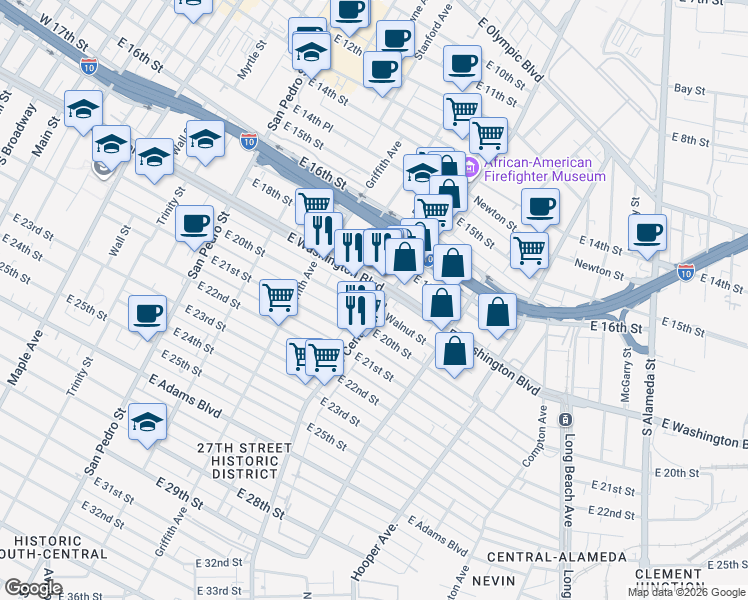 map of restaurants, bars, coffee shops, grocery stores, and more near 1915 South Central Avenue in Los Angeles