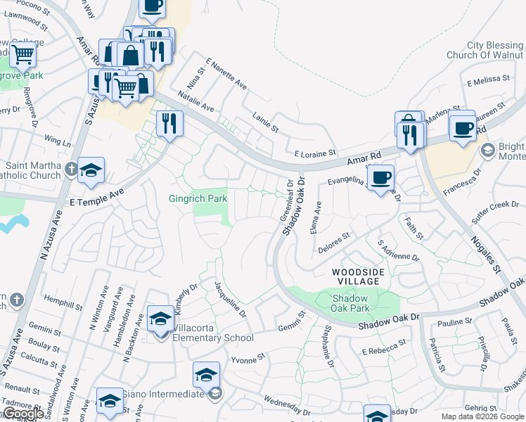 map of restaurants, bars, coffee shops, grocery stores, and more near 2648 Hillsborough Place in West Covina