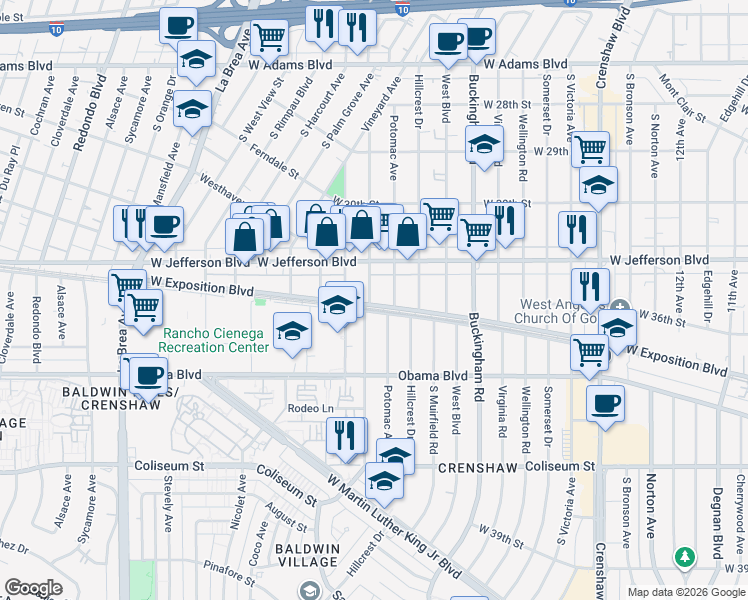map of restaurants, bars, coffee shops, grocery stores, and more near 4427 West Exposition Boulevard in Los Angeles