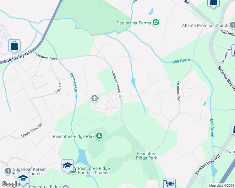 map of restaurants, bars, coffee shops, grocery stores, and more near 3260 Bennett Creek Lane in Johns Creek