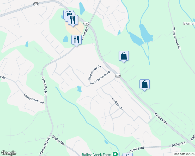map of restaurants, bars, coffee shops, grocery stores, and more near 3506 Bridle Brook Drive Northeast in Auburn