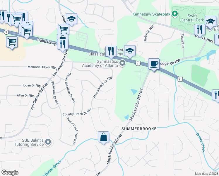 map of restaurants, bars, coffee shops, grocery stores, and more near 3360 Tia Trace Northwest in Kennesaw