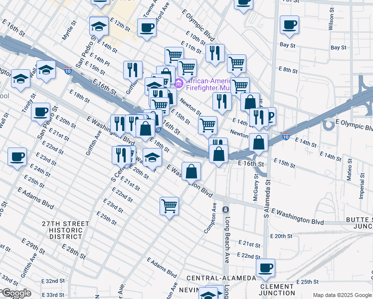 map of restaurants, bars, coffee shops, grocery stores, and more near Christopher Columbus Transcontinental Highway in Los Angeles