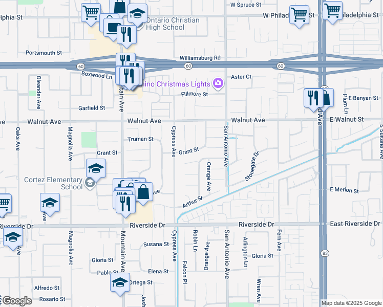 map of restaurants, bars, coffee shops, grocery stores, and more near 6577 Grant Street in Chino