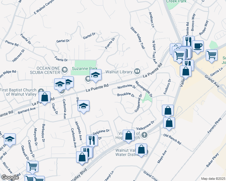 map of restaurants, bars, coffee shops, grocery stores, and more near 20901 Northview Drive in Walnut