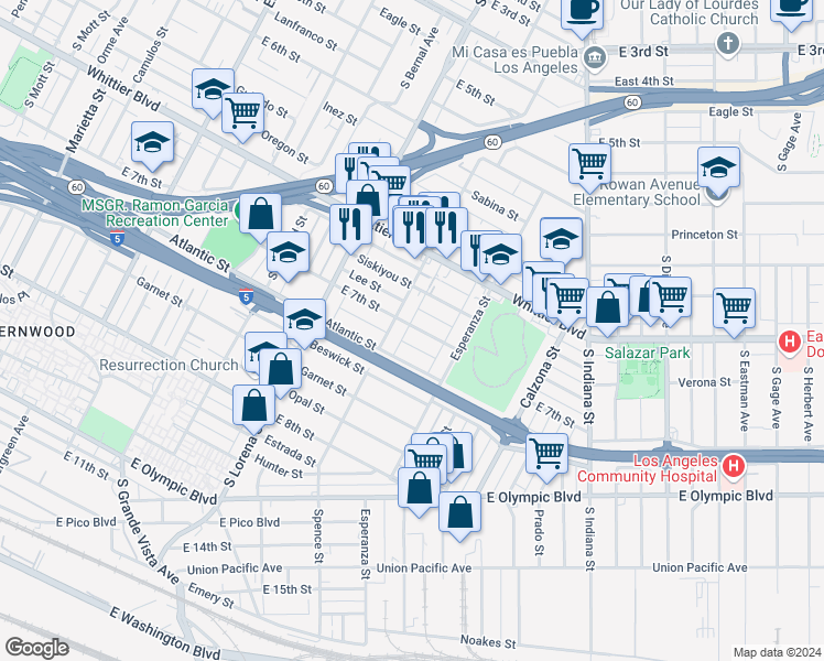map of restaurants, bars, coffee shops, grocery stores, and more near 3533 East 7th Street in Los Angeles