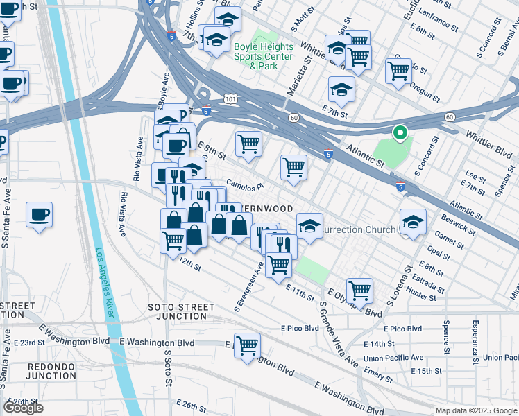 map of restaurants, bars, coffee shops, grocery stores, and more near in Los Angeles
