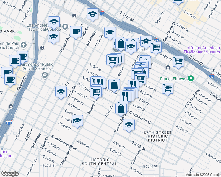 map of restaurants, bars, coffee shops, grocery stores, and more near 2321-2359 Trinity Street in Los Angeles